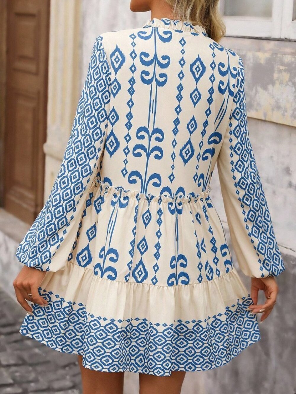 Blue Boho Women's Geometric Lantern Sleeve Frill Trim Mini Dress - Picture 2 of 8
